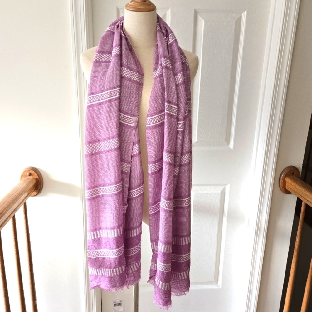 Pink Mauve White Rayon Metallic Striped Rectangular Scarf Wrap 27" x 74"
